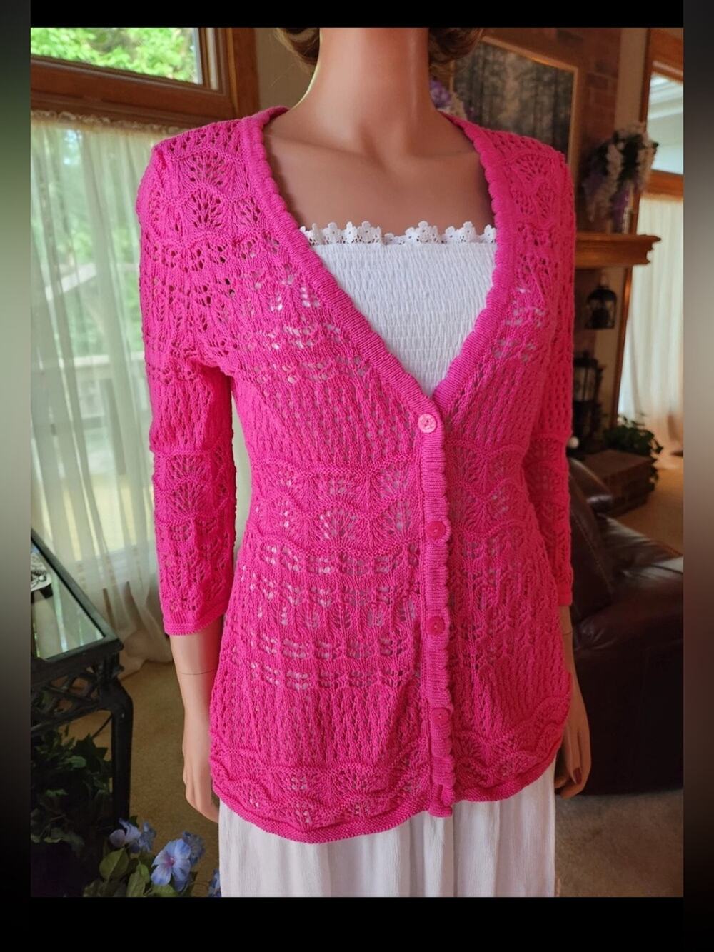 Christopher & Banks Crochet Cardigan Sweater Pink Petite Small